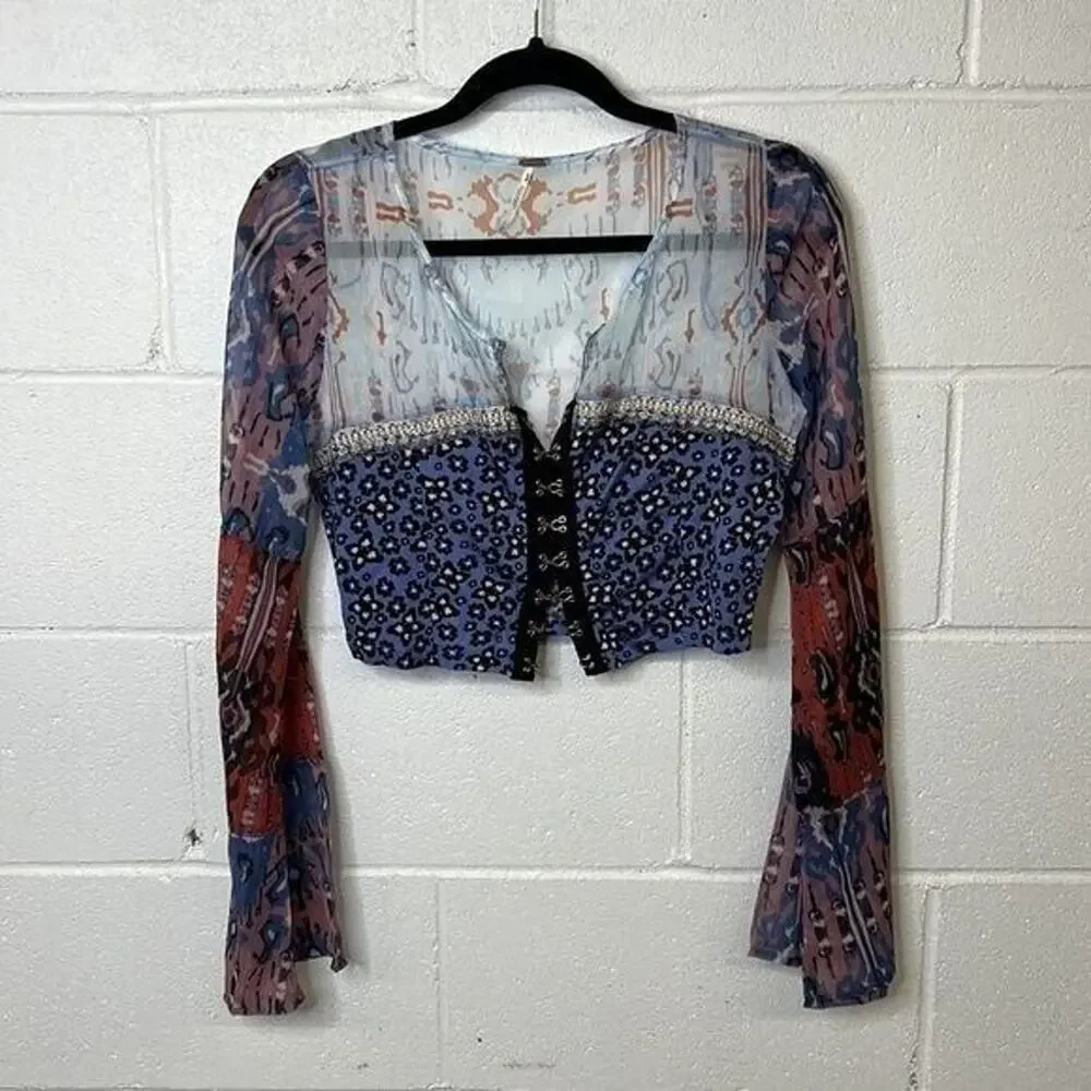 New Free People Walk That Walk Blouse Top cropped wide sleeves mixed printed